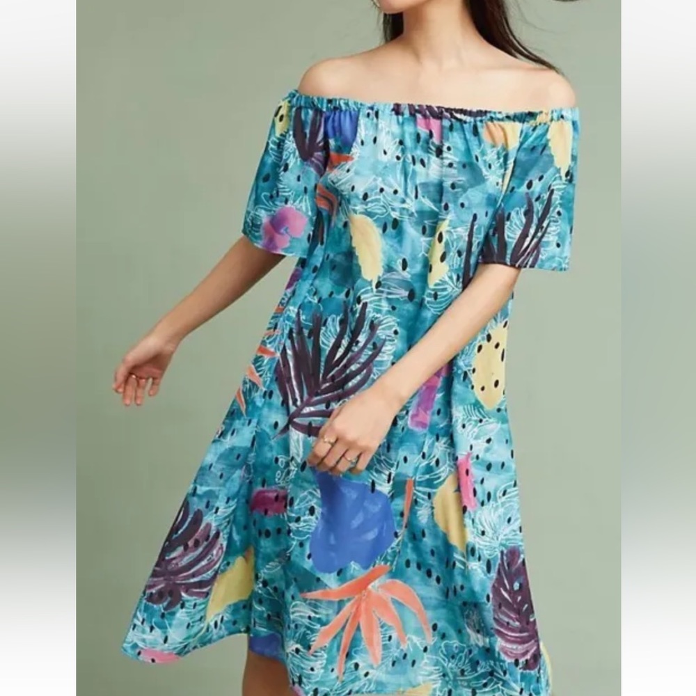 Anthropologie Off-Shoulder Tropical Print Midi Dress - Blue and Yellow